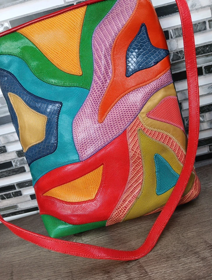 Vintage 80s 90s Sharif Shoulder Handbag Crossbody Patchwork Reptile Lizard  Red - Image 3 of 4
