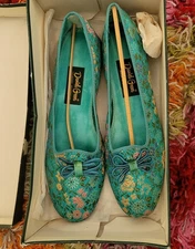 Vintage Daniel Green Lotus Slipper Slip On Shoes Teal Brocade Size 8