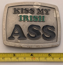 VTG Belt Buckle Mens KISS MY IRISH ASS Cast Aluminum Green Black SLVR 3.5" X 3"
