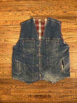 Levi's Blue Denim Vest XXL Red Plaid Flannel Reversible Trucker Vintage USA Fade