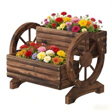 Wooden Wagon Planter Wooden Flower Cart with Wheels Outdoor Garden Planter, D...