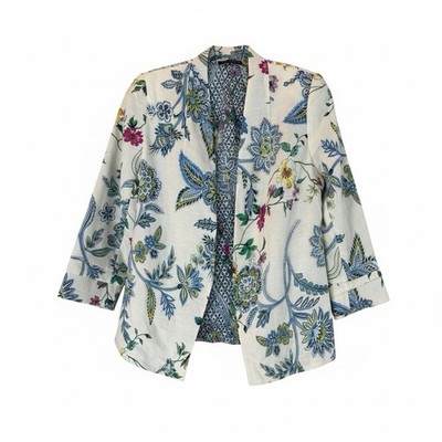 Caballero Floral Linen Lyocell Open Front Jacket Blouse M
