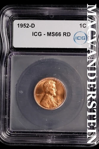 1952-D Lincoln Wheat Cent-ICG MS 66 RD Choice Gem BU No Reserve #SLL950