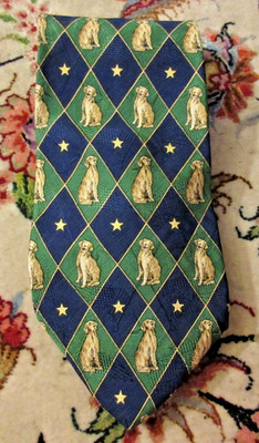 Tommy Hilfiger Green & Blue Dog Theme Tie 100% Silk Diamond Star Pattern