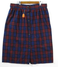 Vintage Plaid Wool Blend Midi Skirt Red Blue Tartan Elastic Waist Size 8