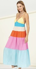HYFVE Cami 100% Cotton Bright Colorblock Tiered Midi Sundress Summer Dress Sz M