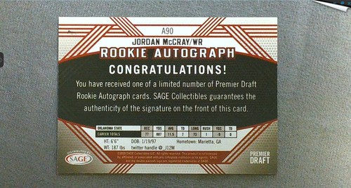 2020 Sage Hit Premier Draft Purple Autograph #90 Jordan McCray Auto - Picture 2 of 2