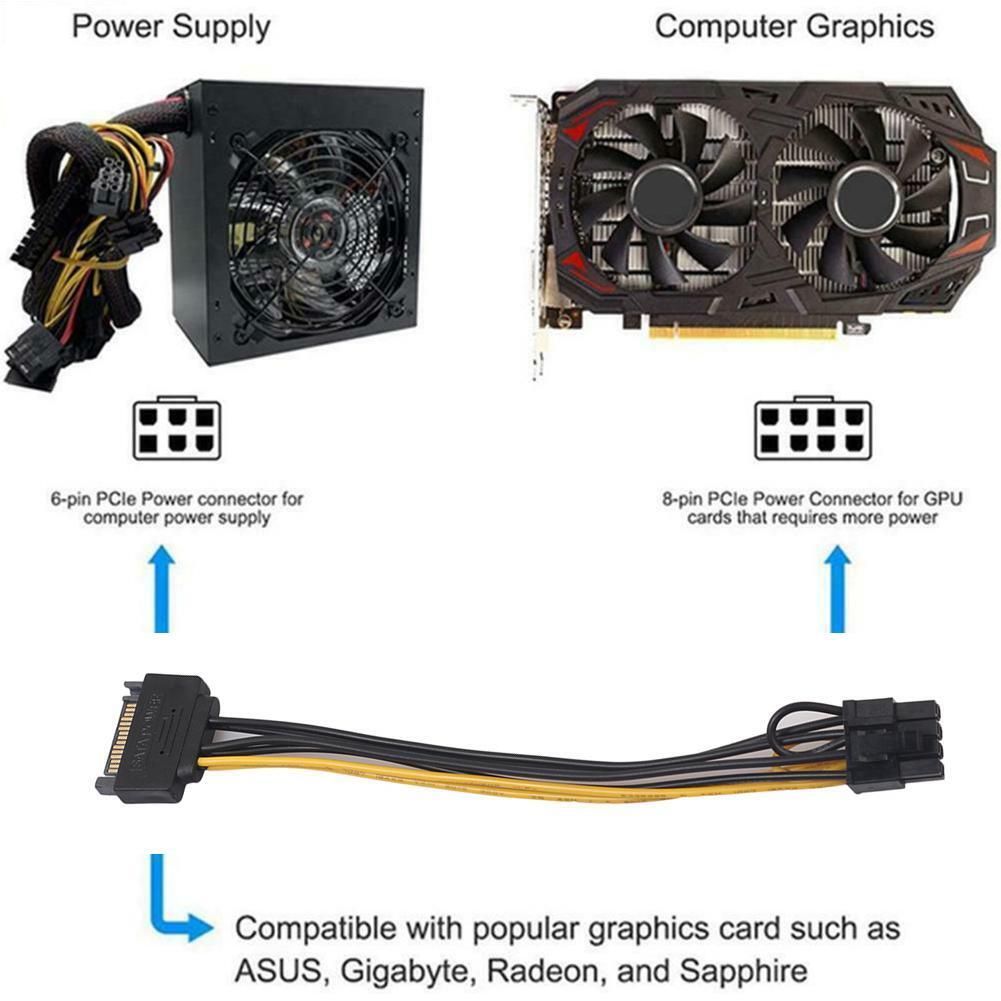 SATA 15 pin Male to 8 pin 6+2 PCIExpress PCIe Video Card Power Graphic