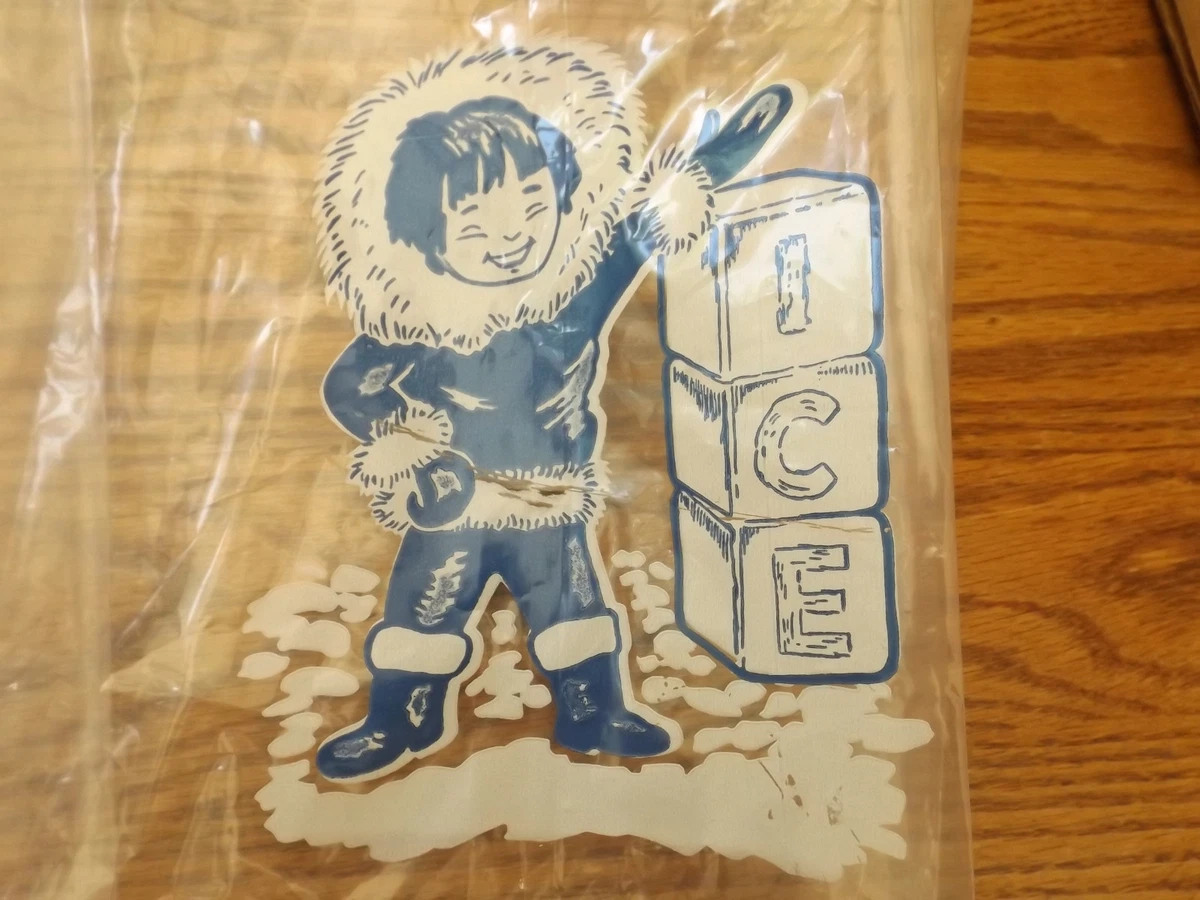 Old Retro Vintage Advertising Eskimo Ice Bag Child Kid Inuit Blue White Clear