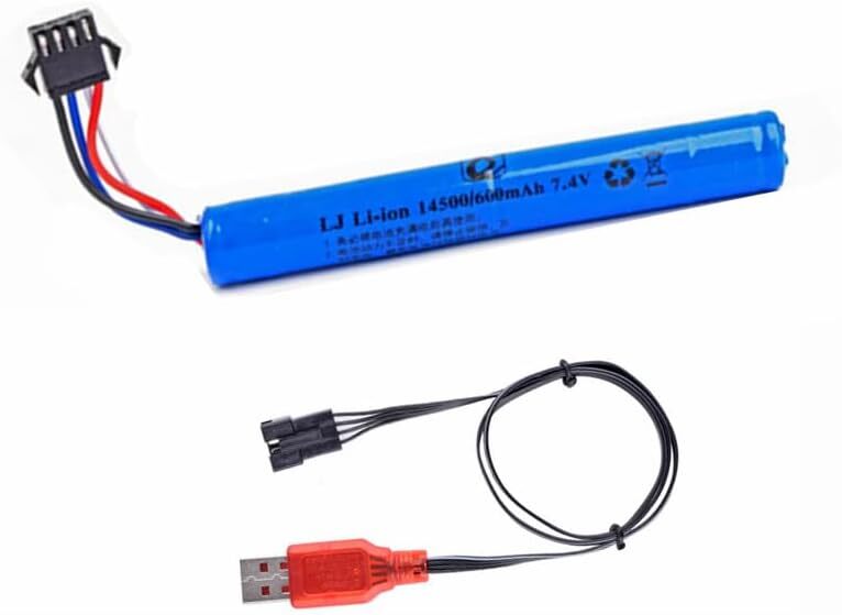 Batería Li-Ion 7.4V 3000mAh Con Conector SM-2P - Para Réplicas De Airsoft SRB1200, SRB400, MP5K, M4, Etc. | Incluye Cargador USB Y Cables Adaptadores