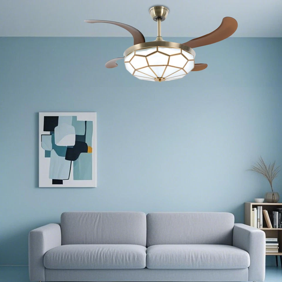 42" Tiffany Ceiling Fan Light Retractable Blades LED Chandelier Lamp Bedroom - Image 2 of 4