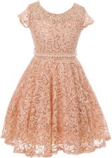 Blush Floral Lace Top Glitter Pearl Dinner Formal Party Flower Girl Dress Easter