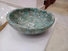 15" Amezonite Stone Wash Basin Sink, Round Agate Stone Sink Bathroom Accessories