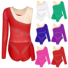 Women Costume Rhinestones Leotard Mesh Bodysuit Patchwork Top Performance Shiny