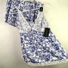 Laura Ashley Navy Floral Pajama Set L Blue Lace Trim Y2K Tank Lace Shorts NWT
