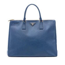 Authenticated Prada Extra Large Saffiano Lux Galleria Double Zip Tote Blue