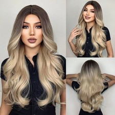 Women Long Wavy Root Dark Brown Curly Blonde Wigs Synthetic Hair Daily Party US