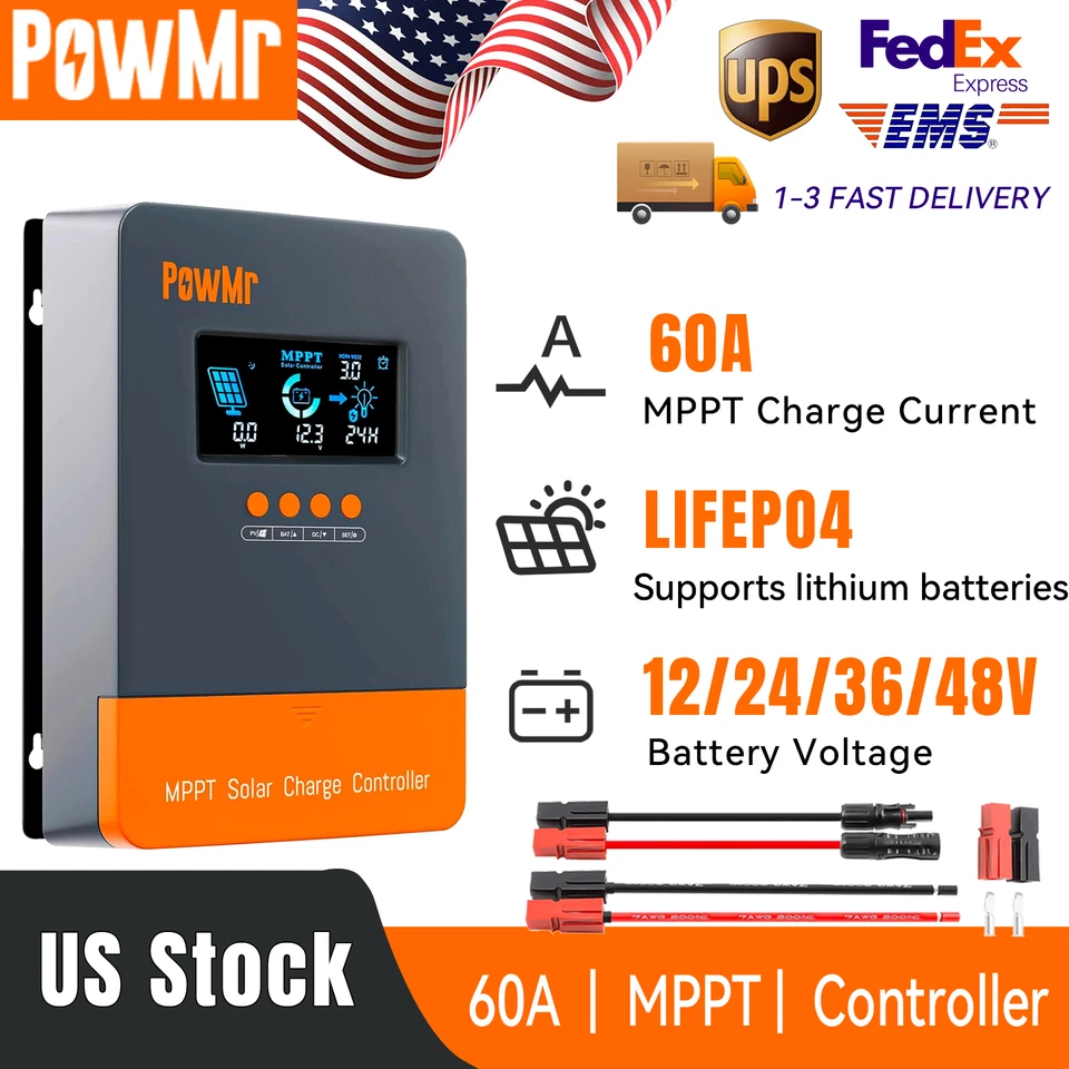 PowMr 60 Amp MPPT Solar Charge Controller 12V/24V/36V/48V DC Input LCD Regulator