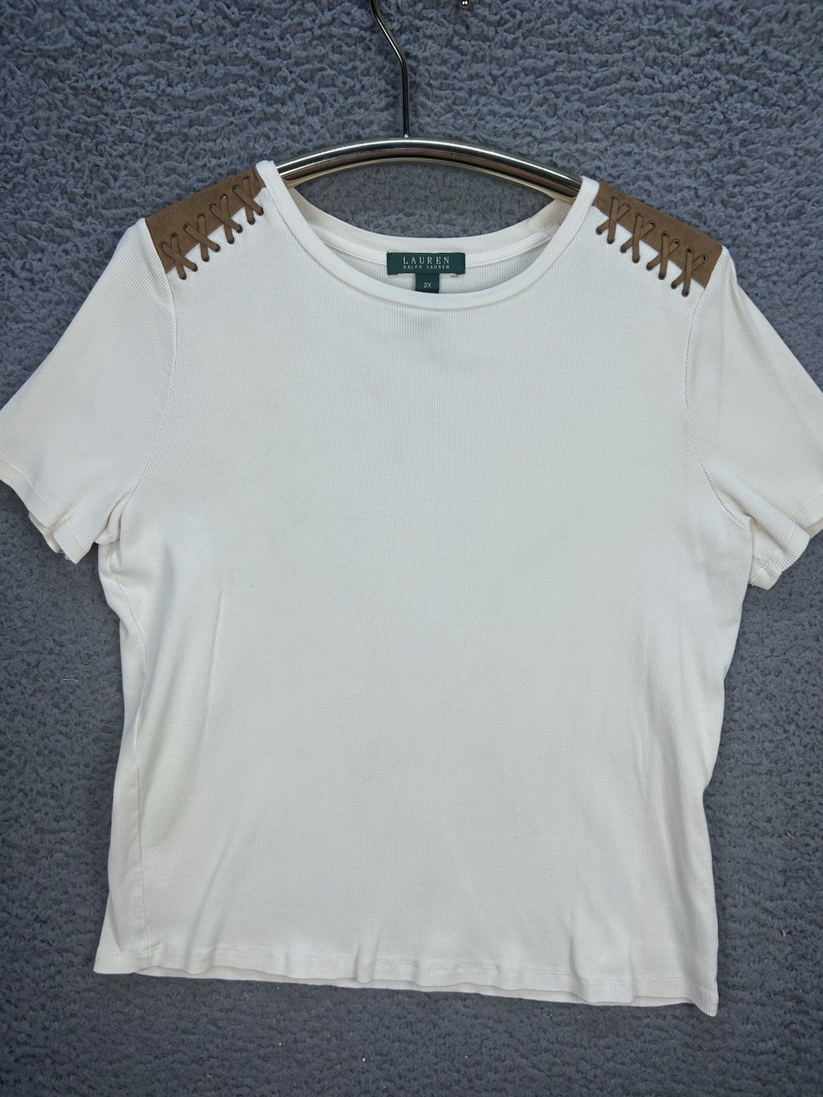 Ralph Lauren Shirt Womens 2X SS Beige Ribbed Brown Suede Cotton Western Casual