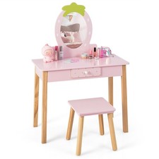 2 in 1 Kids Vanity Set Makeup Dressing Table & Chair Strawberry-shaped Mirror