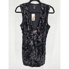 Forever 21 Womens Sz S Mini Dress Deep V All Over Black Sequins Party NEW
