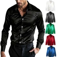 Men's Satin Dress Shirt Formal Long Sleeve Button Up Classic Fit Dress Shirt