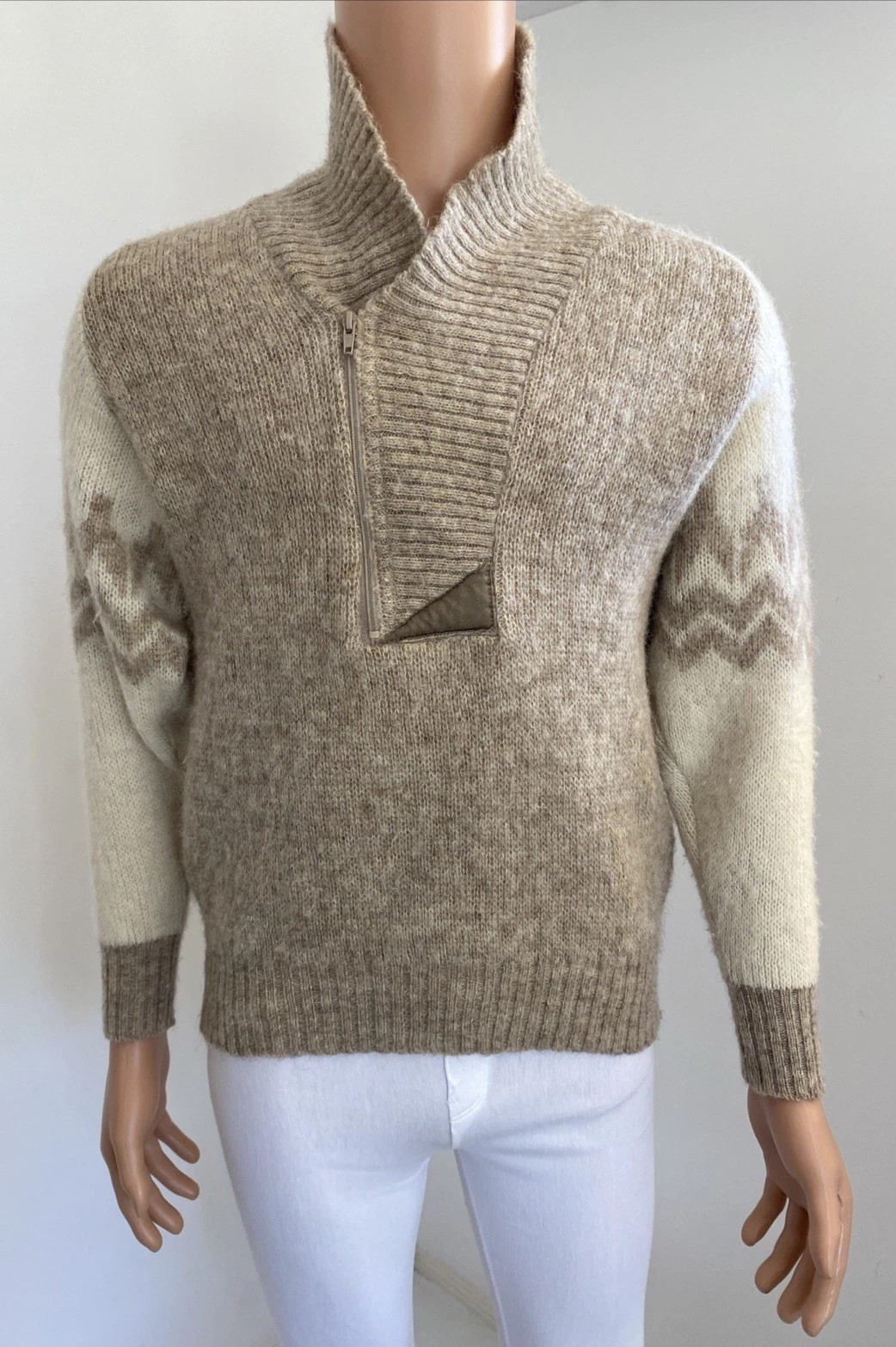 Vintage Alafoss Iceland Men’s XS - S Beige Cream Pure Wool Zip Jumper Pullover image 2