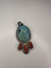 Sterling Silver Turquoise & Red Coral Pendant Southwestern Style 925