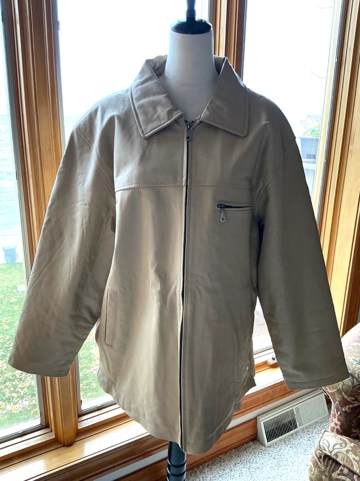 Vtg Duke Haband Cream Genuine Leather Coat Men's Quilted Lined Zip Jacket XL - Image 3 of 4