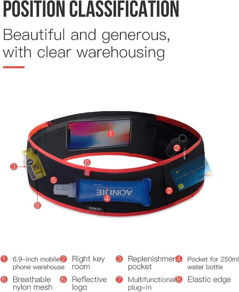 Riñonera para correr con cinturón de hidratación AONIJIE, con 250 ml de agua blanda M/L, negra  Foto 3 de 4
