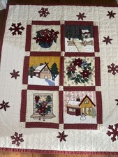VINTAGE 57x50 LAP QUILT WALL ART HANGING CHRISTMAS LODGE POINSETTIAS SNOWFLAKES