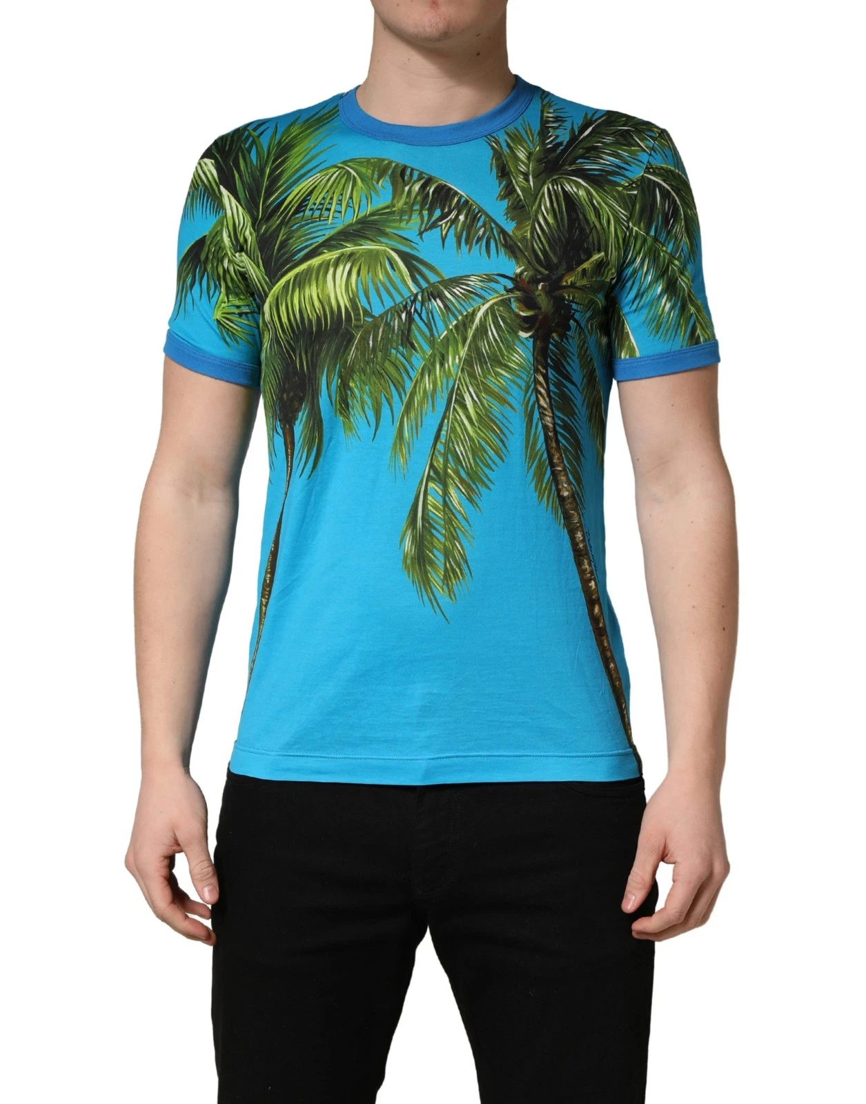 Dolce & Gabbana Blue Palm Tree Print Cotton CrewNeck Men's T-shirt