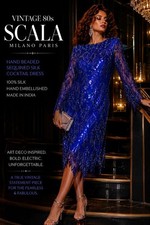 Vintage Scala Blue Silk Hand Beaded Sequin Dress Art Deco Cocktail Gatsby Glam S