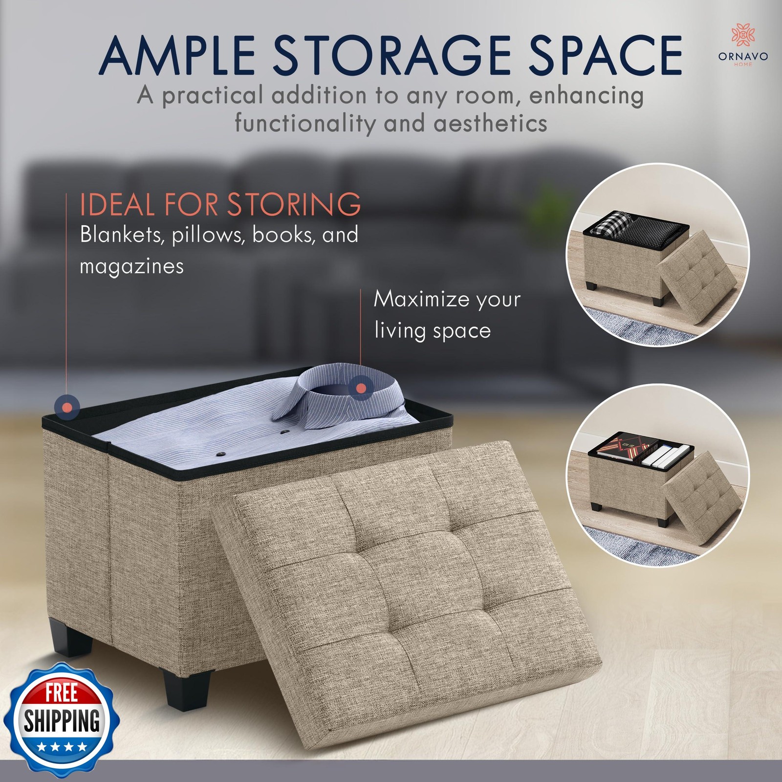 Ornavo Home Storage Ottoman Small Rectangle Ottoman with Legs, Foot Rest Stoo