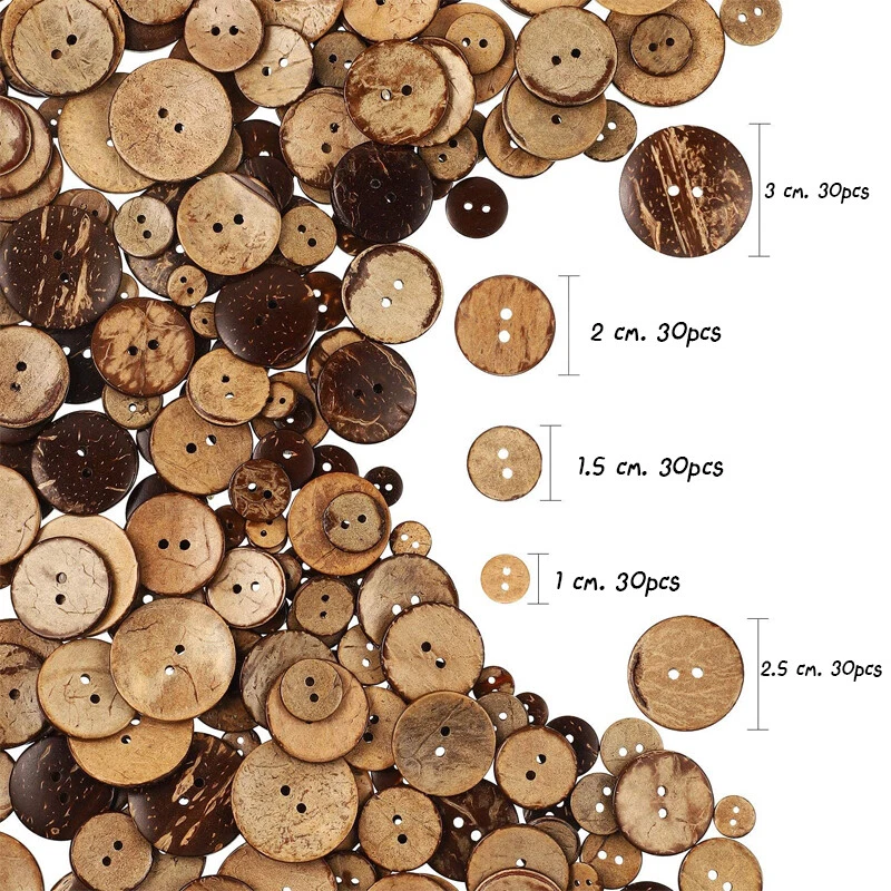 150pcs 5sizes Mix Coconut Shell Natural Wooden Buttons 2 Holes DIY Cloth Sewing - Image 3 of 4