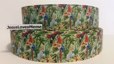 Grosgrain Ribbon Jungle Birds Exotic MaCaw Amazon Tropical Rain Forest , 1"