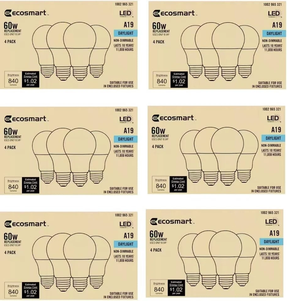24 Pack 60-Watt Equivalent A19 Non-Dimmable LED Light Bulb Daylight - EcoSmart - Image 2 of 4