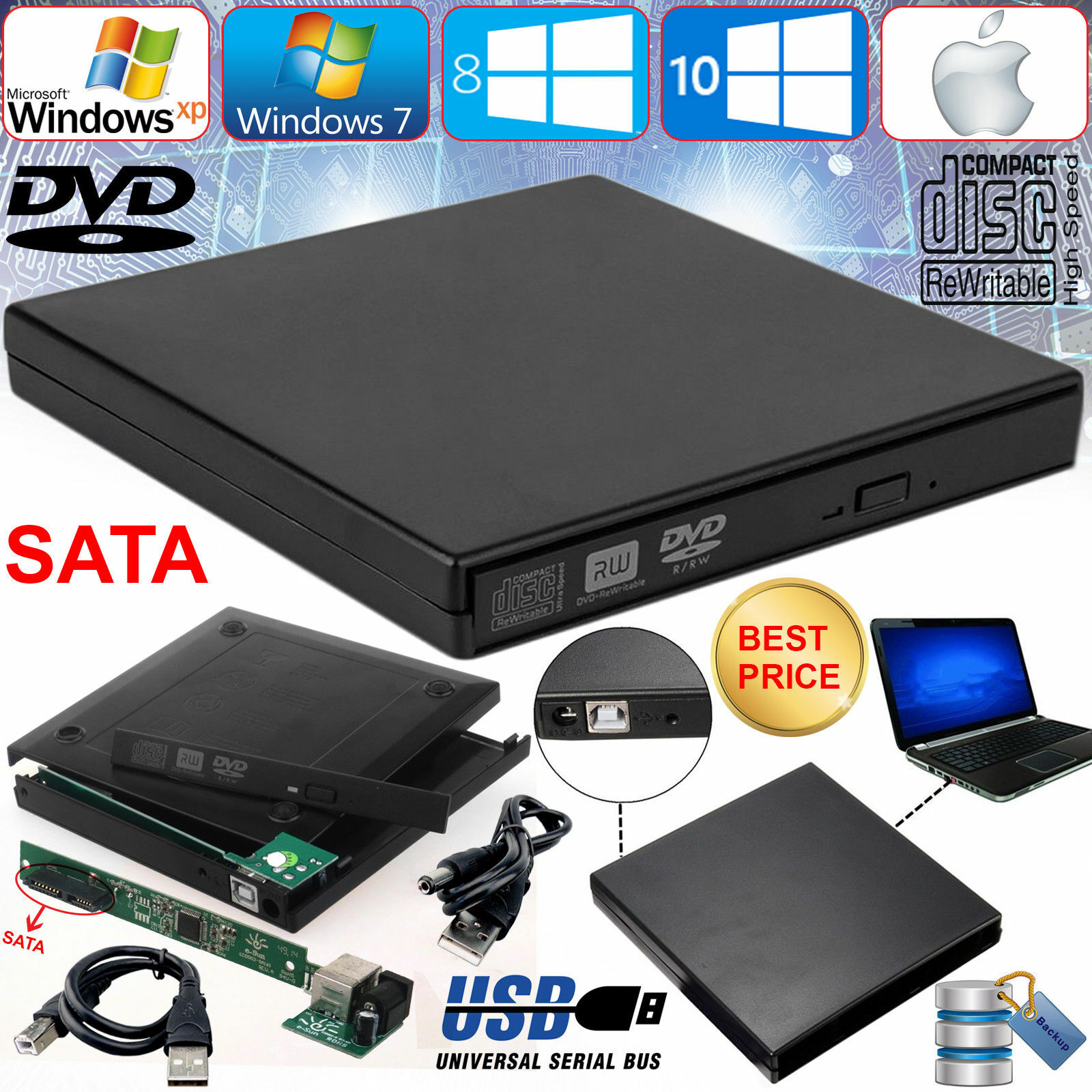 External Laptop PC USB to SATA DVD CD Rom RW Drive Caddy Case Cover