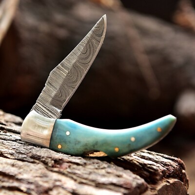 Custom Handmade Damascus Steel Folding Blade Pocket Knife Camel Bone Handle-Blue