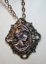 Lovely Sculpted Swirled Rim Profiled Lady Cameo Silvertone Pendant Necklace
