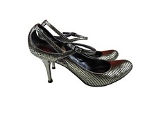Via Spiga Women Stiletto Ankle Strap Dress Pump Silver Platinum Snake 7.5  1139