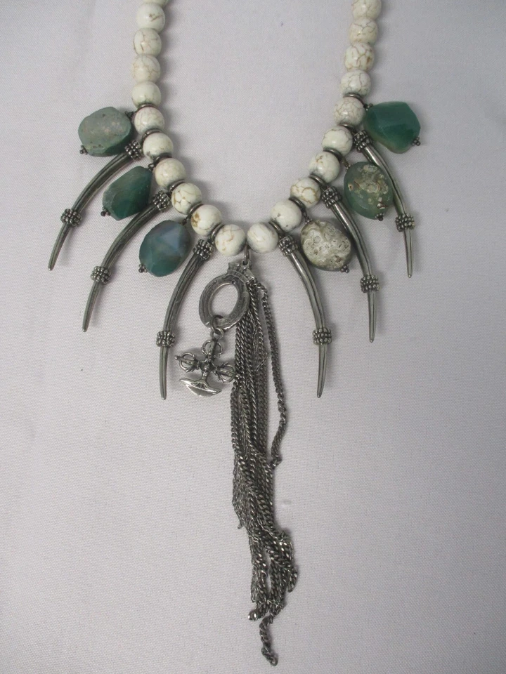LOVE HEALS TRIBAL WHITE STONE BEAD NECKLACE w GREEN STONE SILVER TOOTH NECKLACE - Image 2 of 4