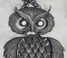 Large Articulated Owl Pendant And Chain Pewter Color Flared Wings EUC