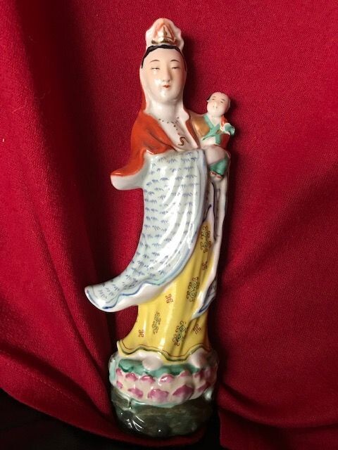 Antique Chinese Porcelain Figurine of Guan Yin with Child Stamped