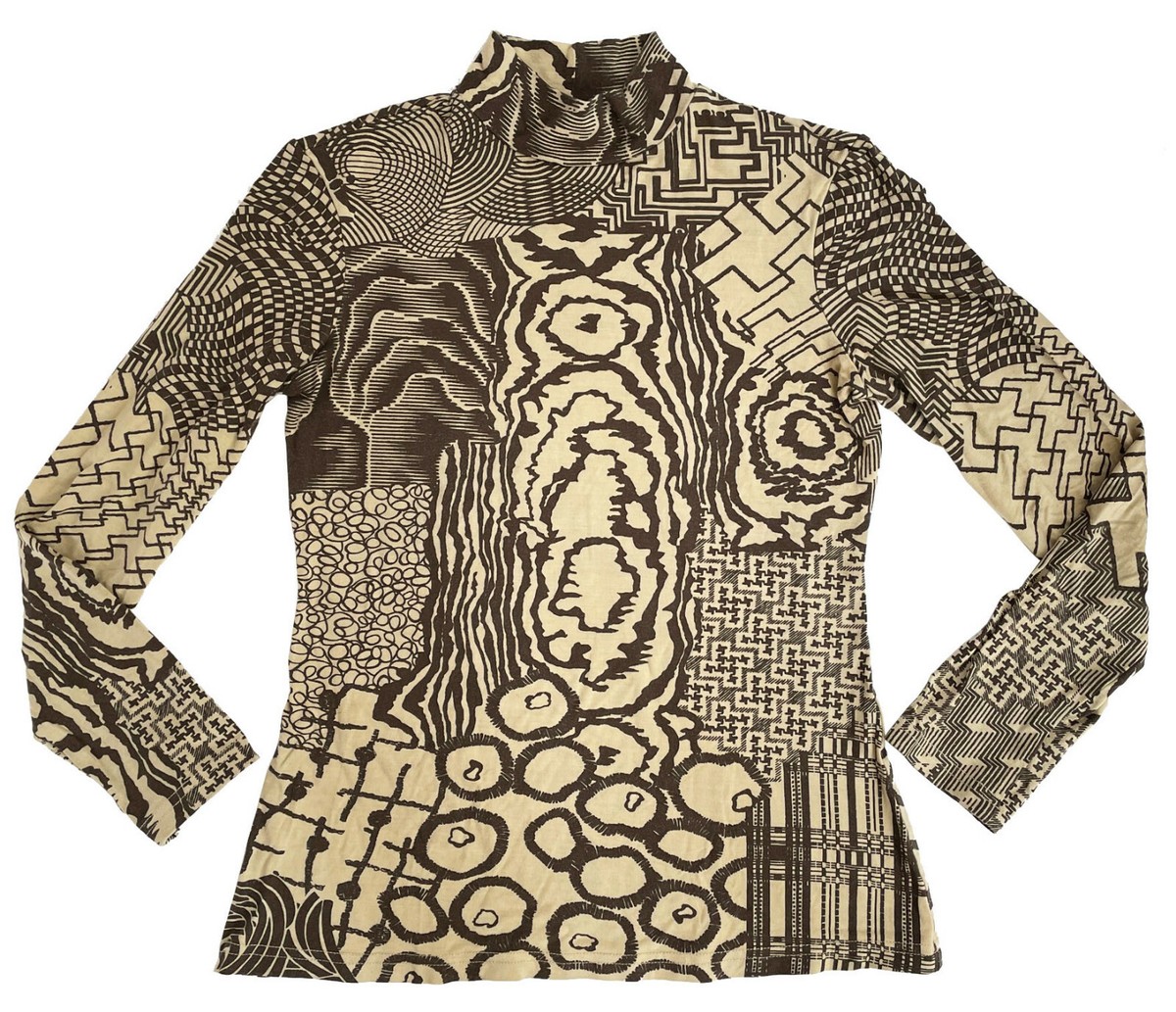 JEANS de CHRISTIAN LACROIX Turtleneck Top Print Knit Brown Tan
