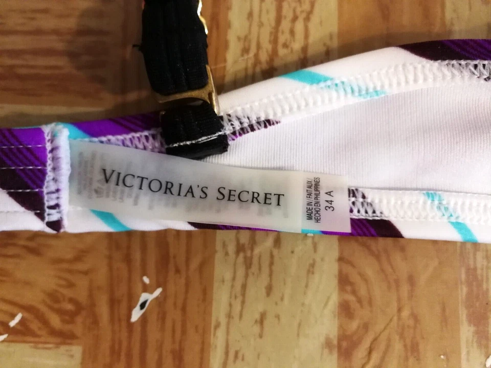 Top de bikini Victorias Secret 34A púrpura azul blanco a rayas traje de baño natación Foto 3 de 4