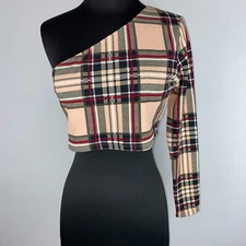 Shein Womens L / US 8 / 10 Plaid Textured One Shoulder Crop Top Long Sleeve DB