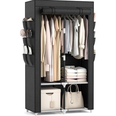 Kleiderkommode Tragbar Stoff Schrank mit 4 Regalen 2 Stangen 6 Taschen