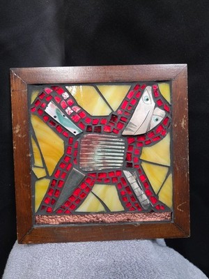 Glass Artwork Signed Fireball Bundick 2002 Art Glass Framed Wall Hanging 8×8