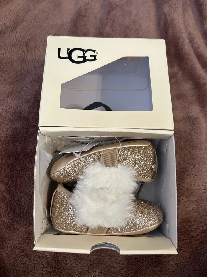Bebé Niña UGG Pelusa Brillo Ballet Pisos Dorado Talla 0/1 XS 0-6 Meses Nuevo Foto 2 de 4